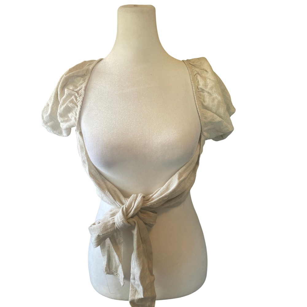 Womens Y2K Cottage Linen Blend Tie Front Crop Top Shrug Puff Sleeve Coastal